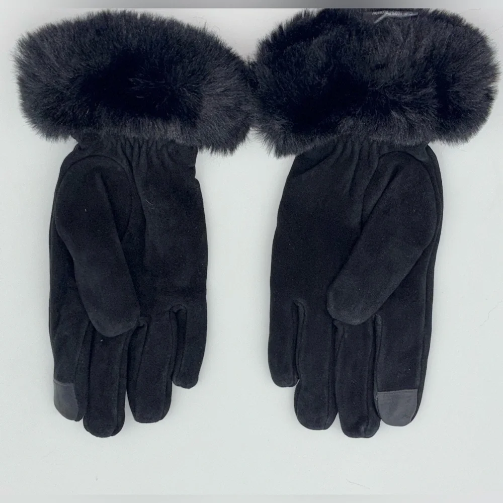 NEW Deer Suede Leather Driving Gloves Skin Faux Fur Cuff Black‎ Touchscreen Wool
